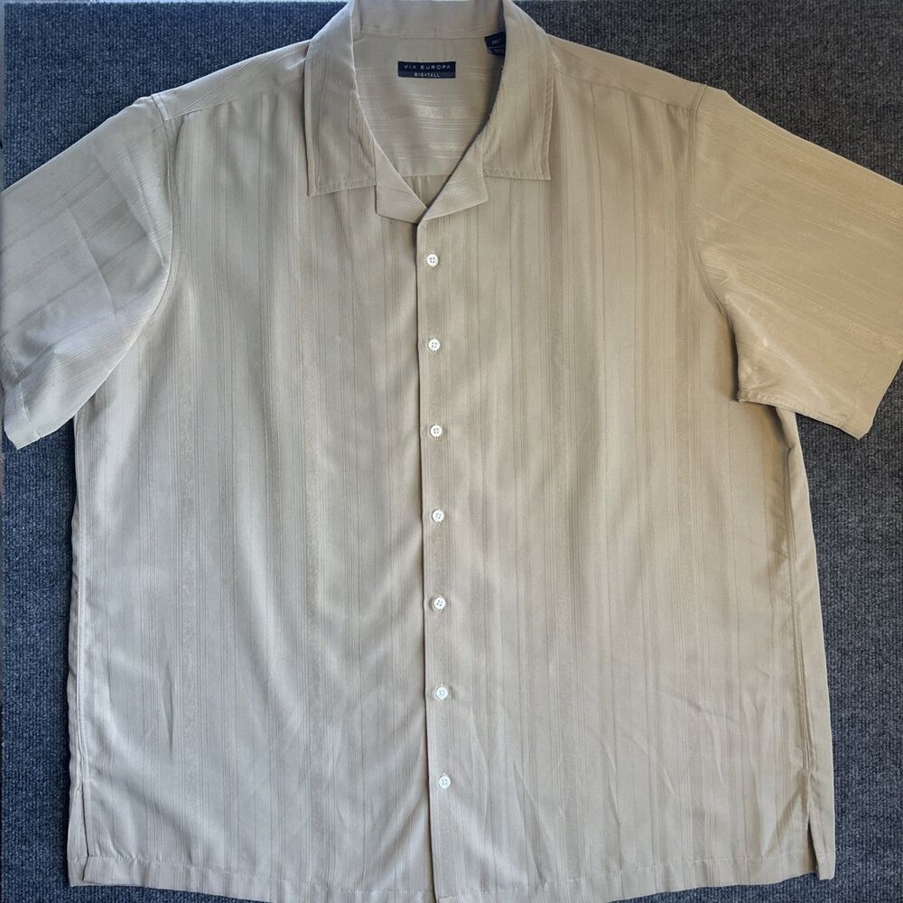 VIA EUROPA Men’s Button Shirt Size 2XLT Relaxed Fit Cutaway Collar Tan Striped